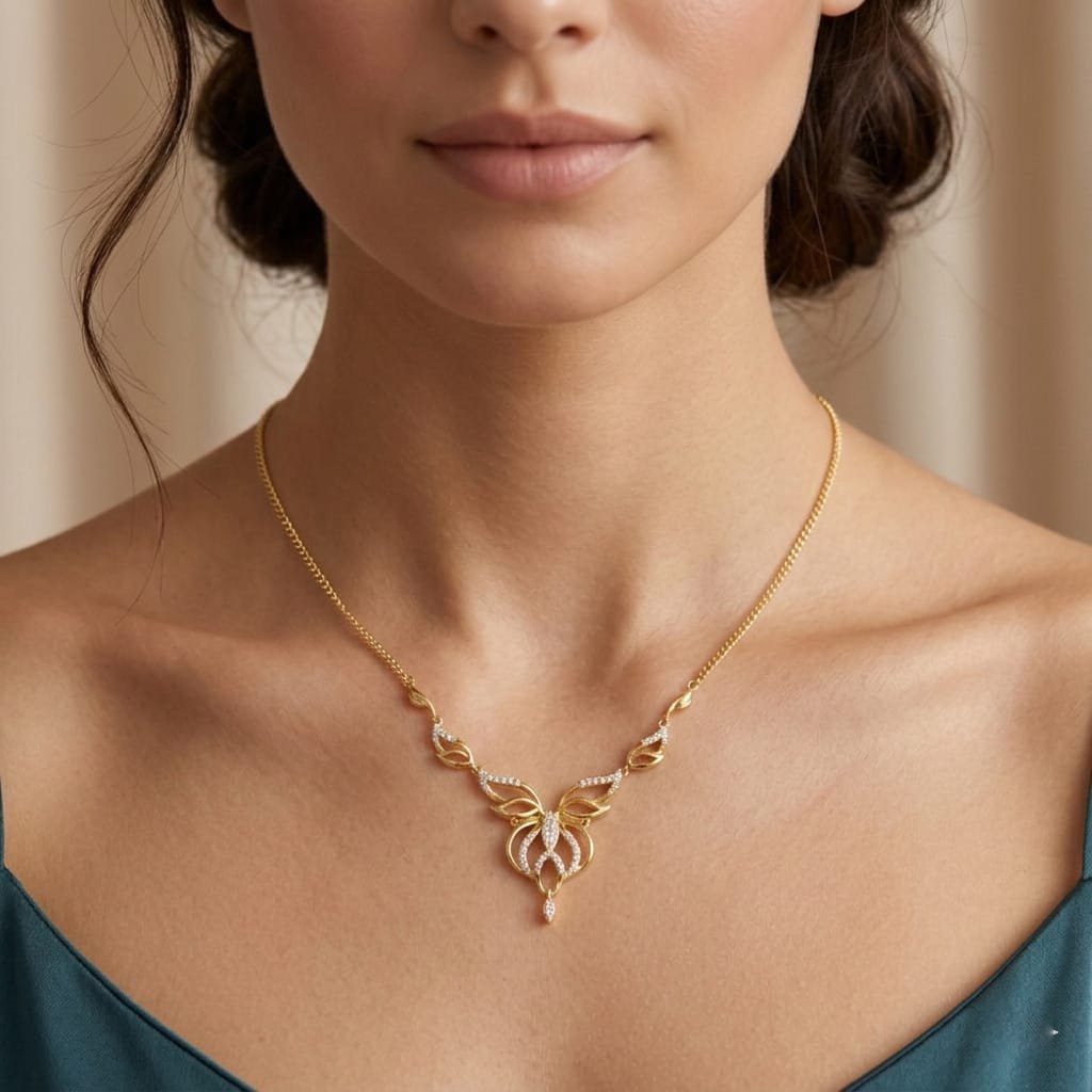 Gold Butterfly-Wing Filigree Pendant Necklace – Dainty CZ Inlaid Statement Piece