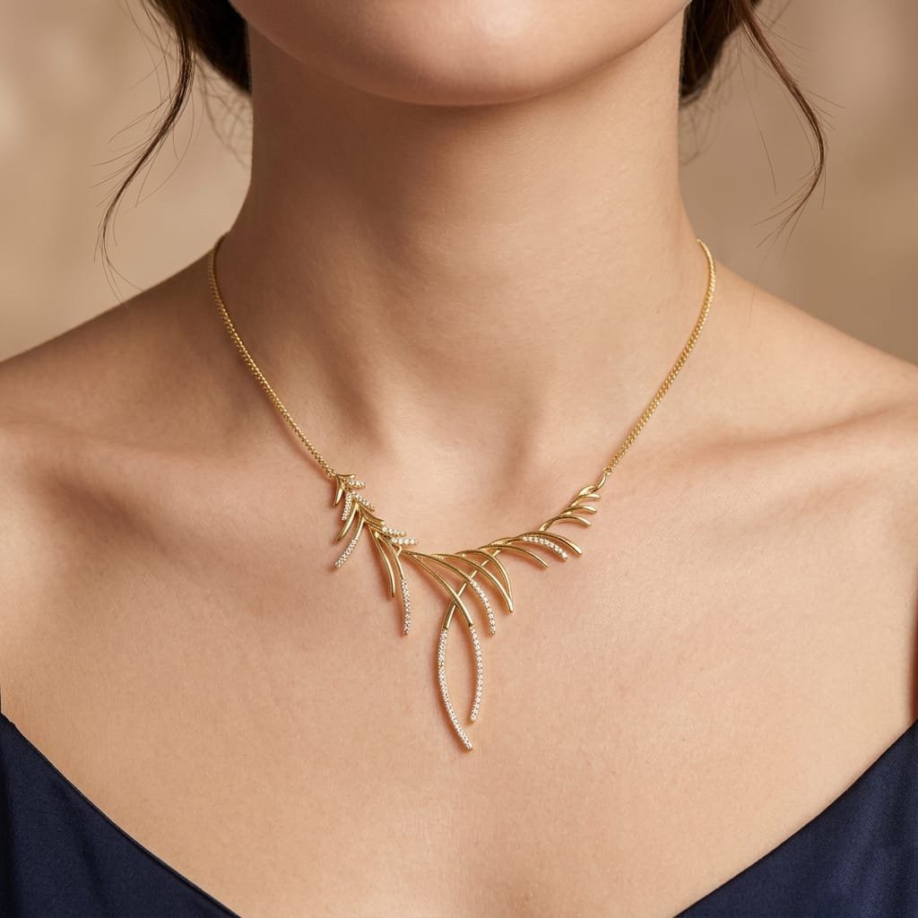 Gilded Willow Drop Necklace - Asymmetric Botanical Gold Jewelry