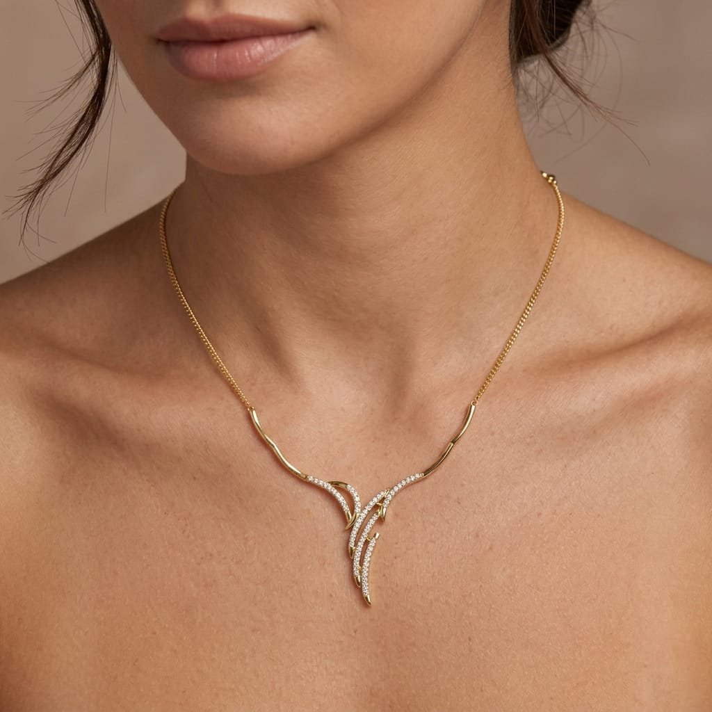 Aura Tapered Wave Necklace in Gold with Cubic Zirconia Accents