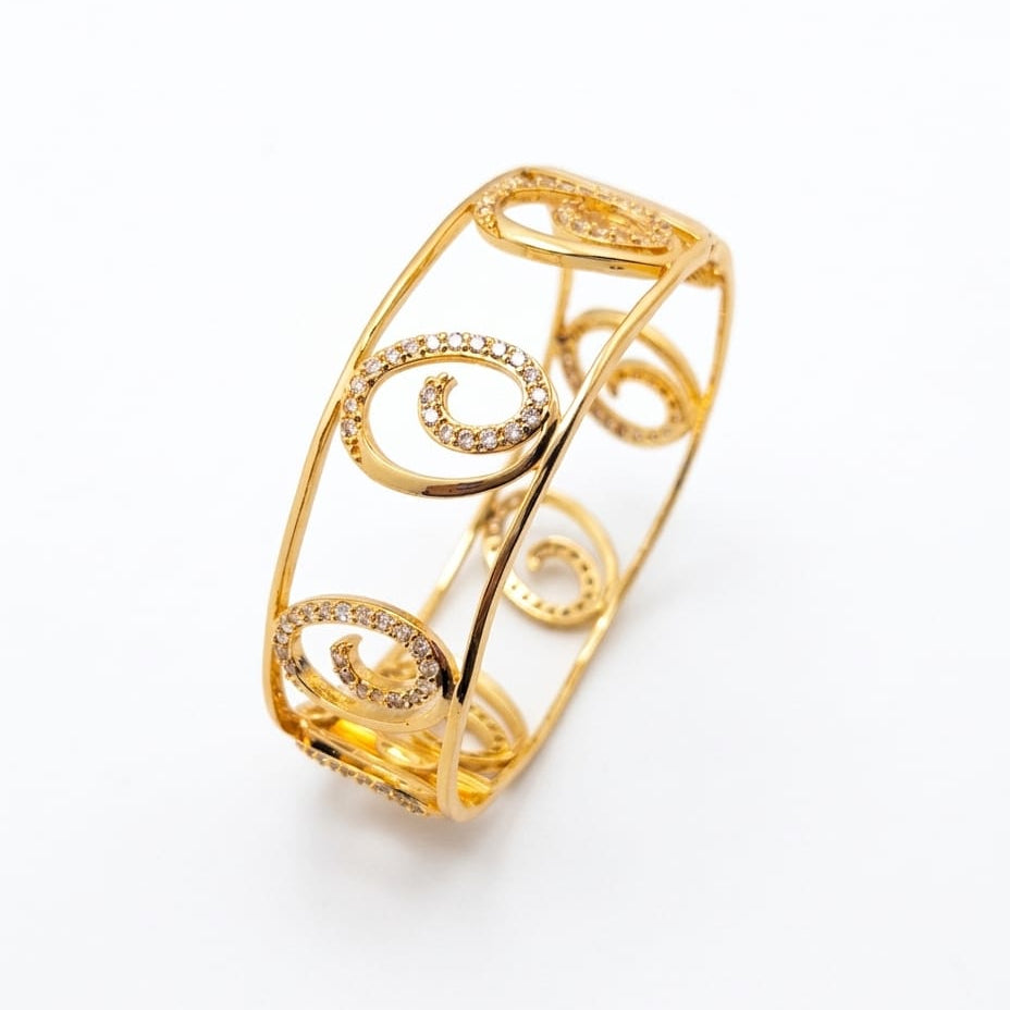 22K Gold Plated Filigree Swirl Bangle – Crystal Pavé Openwork Hinged Bracelet