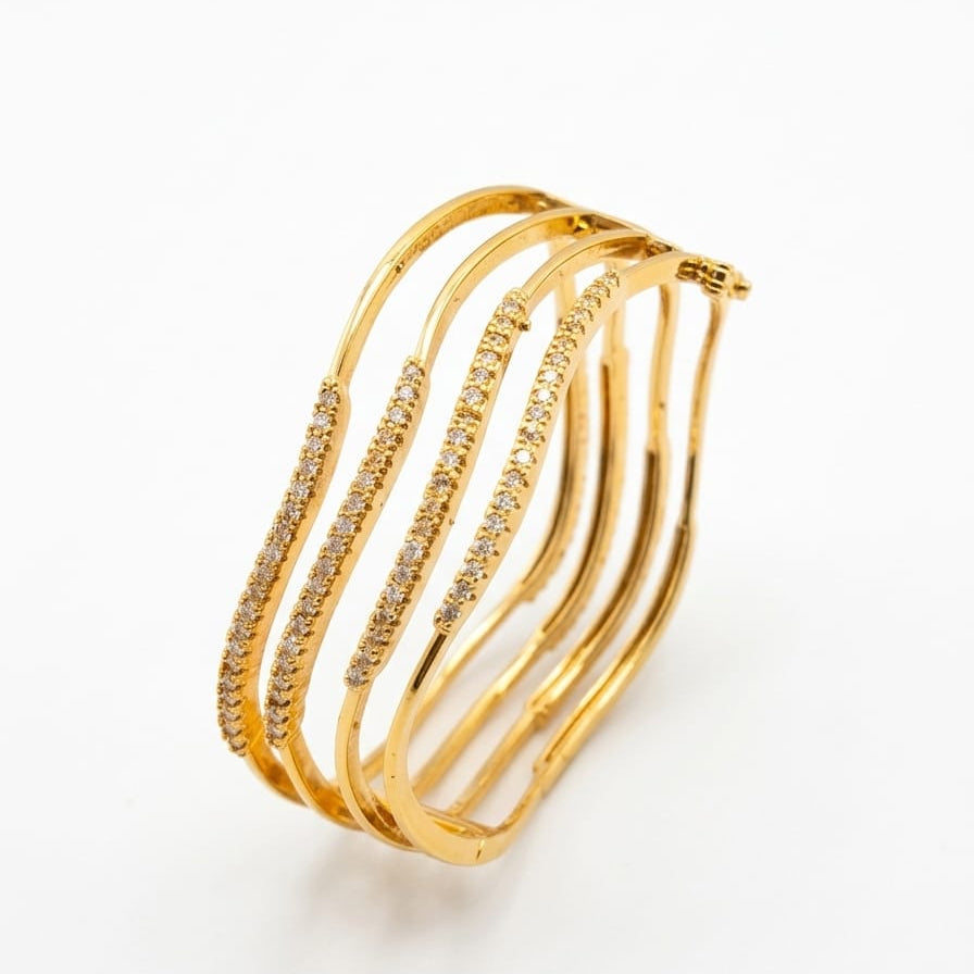 Gold Multi-Strand Hinged Bangle – Layered Wave Design with Sparkling Accents