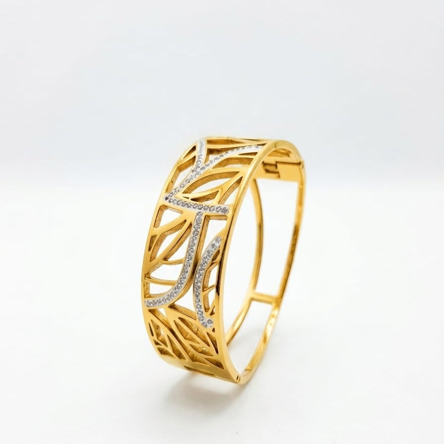Vintage-Inspired Leaf Cutout Bangle with Pave Crystals - Statement Wristwear