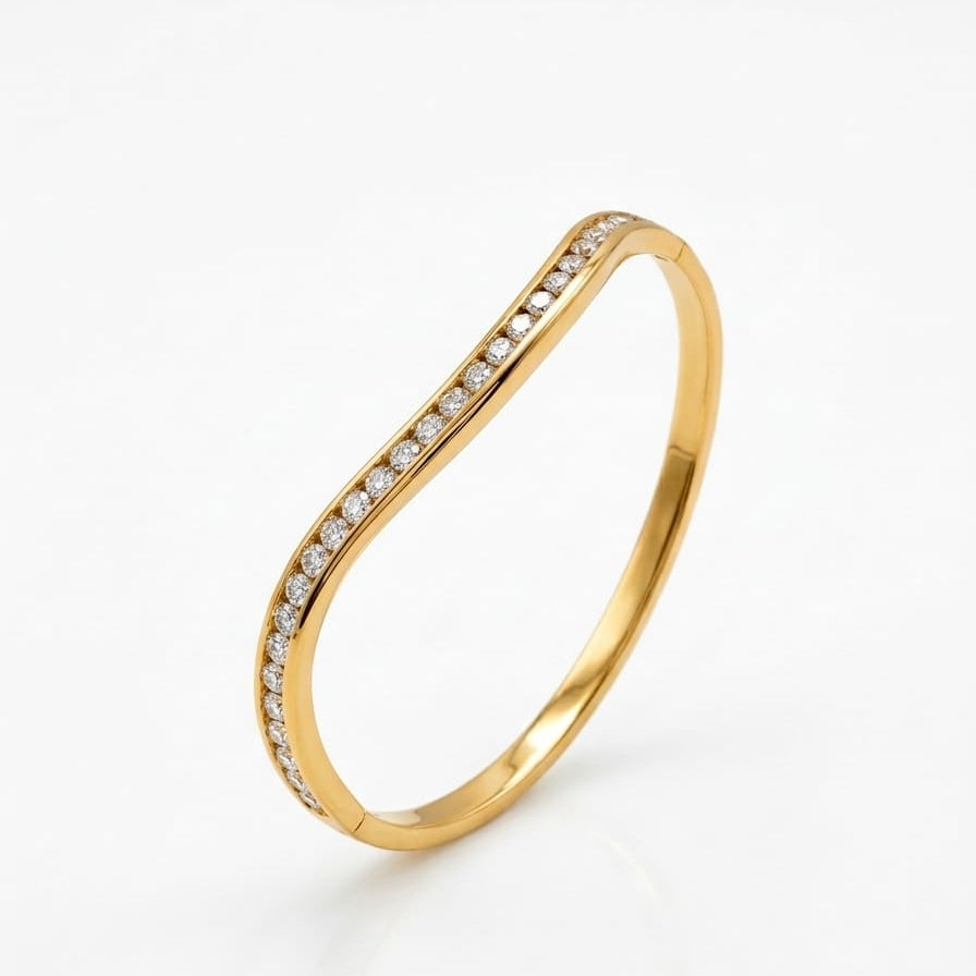 Gold Wave Crystal Bangle – Curved V-Shape Hinged Lock Bracelet