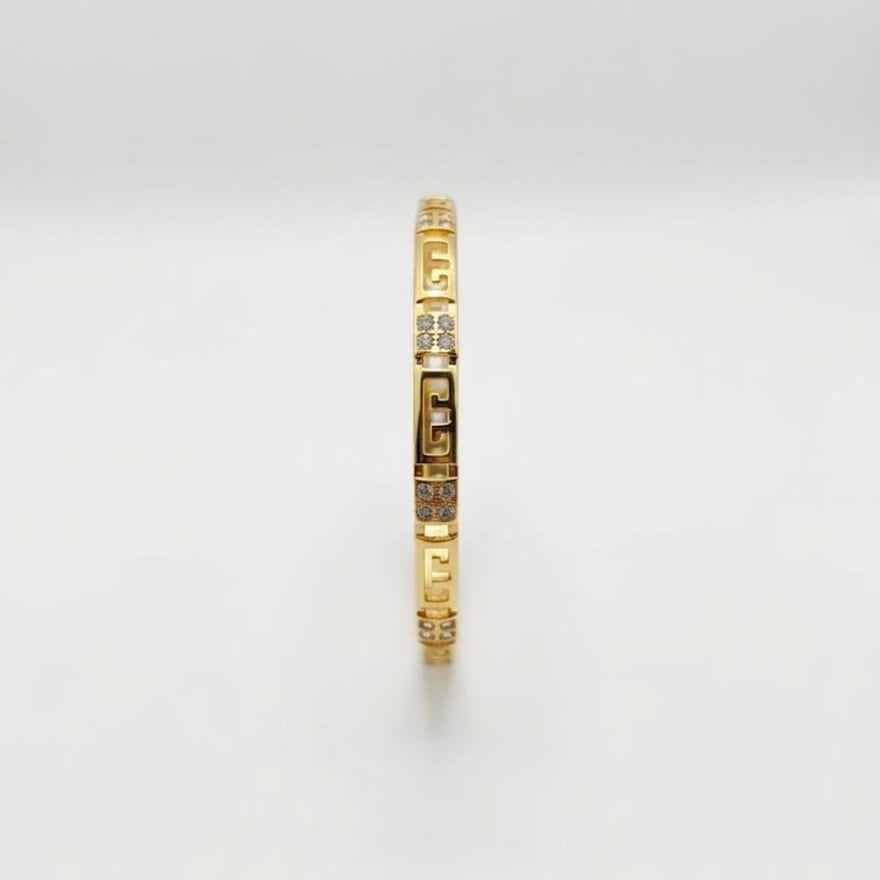22K Gold Plated Greek Key Bangle with Crystal Accents – Geometric Hinged Lock Bracelet