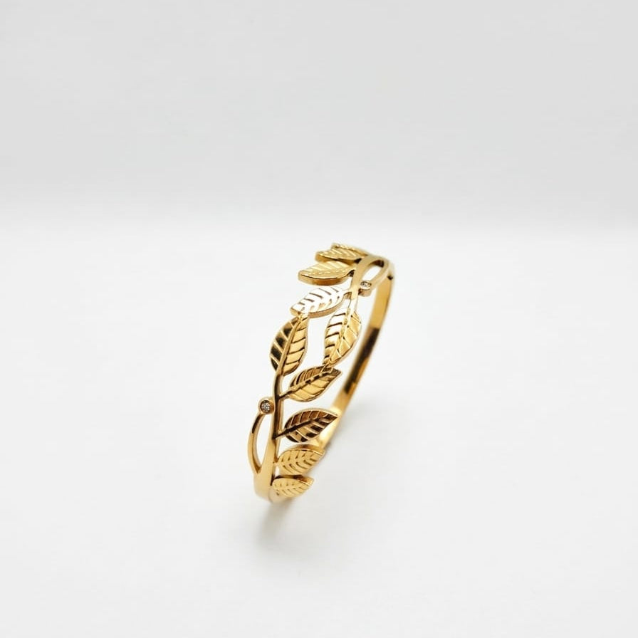 18K Gold Plated Laurel Leaf Bangle - Adjustable Olive Branch Cuff
