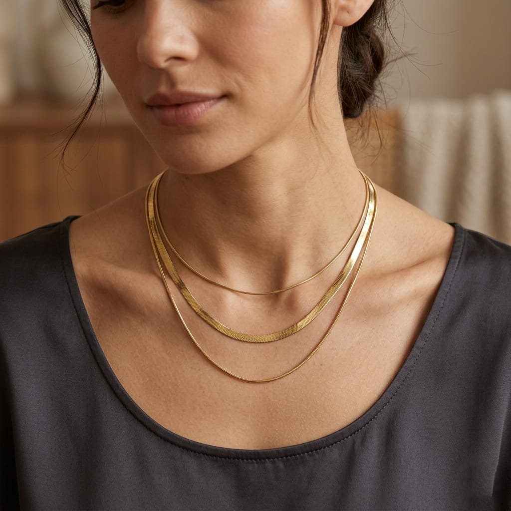 Triple Layered Gold Herringbone & Snake Chain Necklace Set