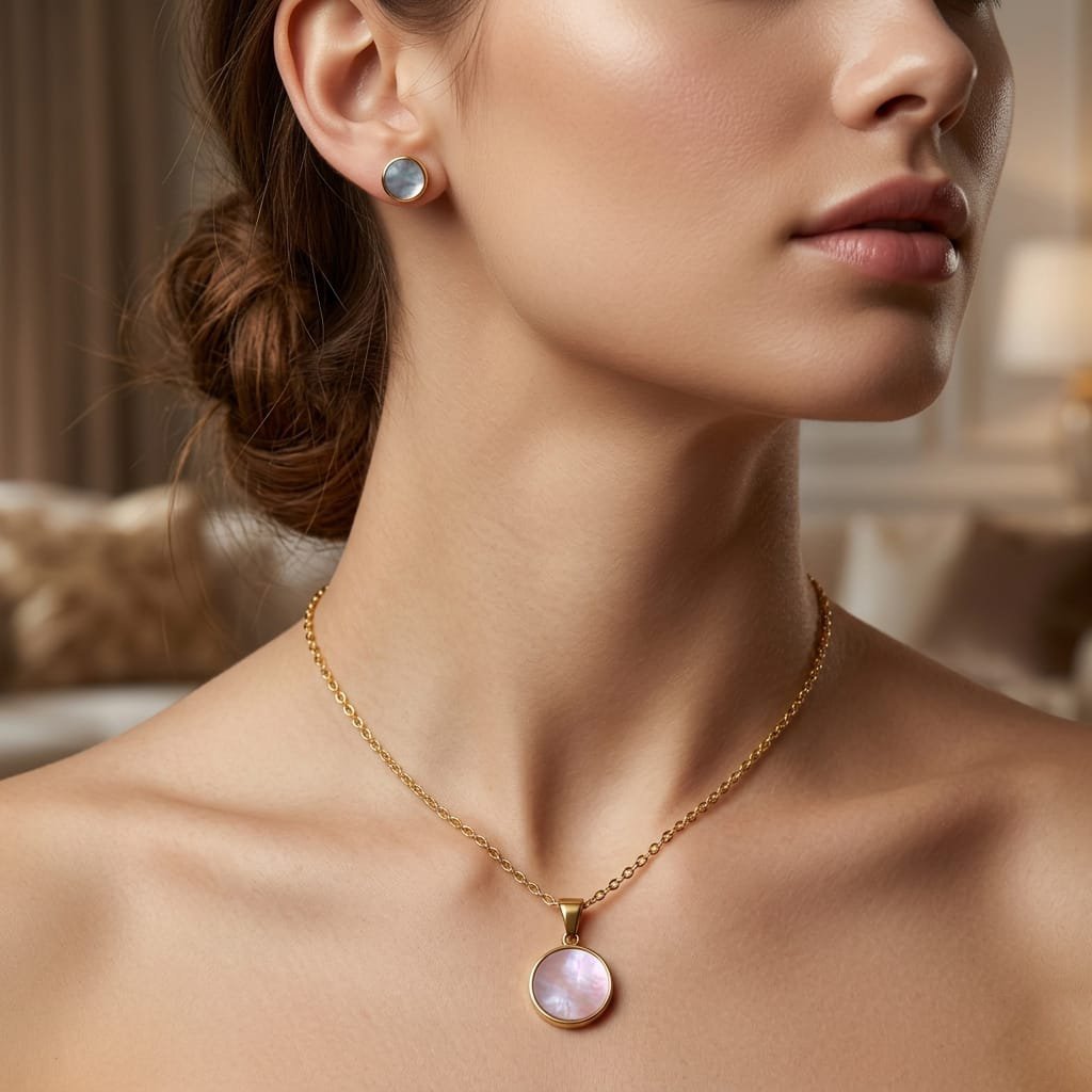 Celestial Mother of Pearl Jewelry Set – 18K Gold Plated Round Pendant Necklace & Matching Stud Earrings