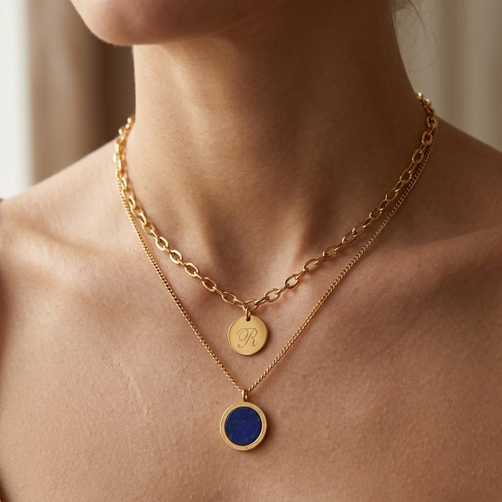 Layered 18K Gold Plated Initial & Lapis Lazuli Pendant Necklace Set