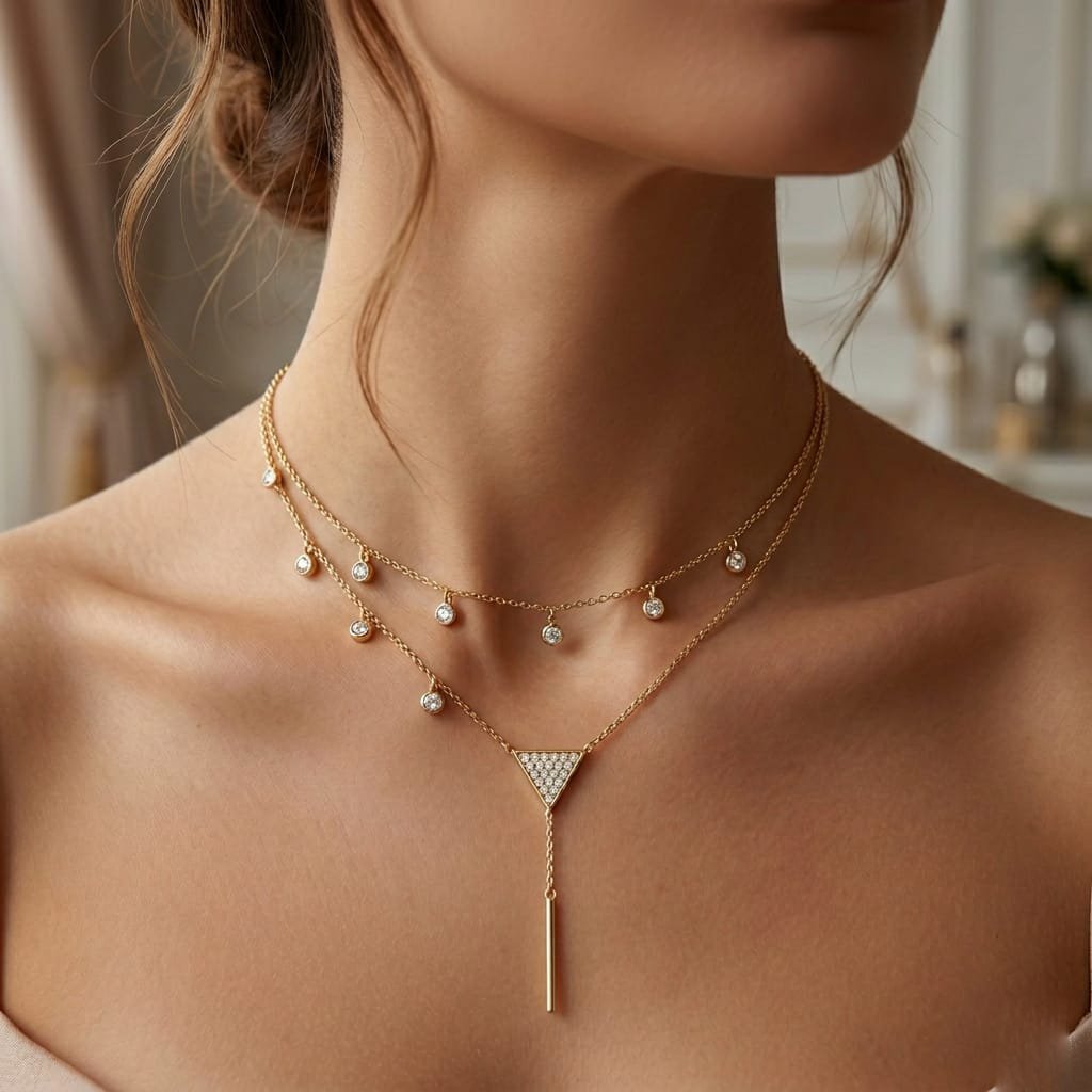 Celestial Layered Y-Necklace – Gold-Plated Drop Necklace with Pavé Triangle & Shimmering Accents