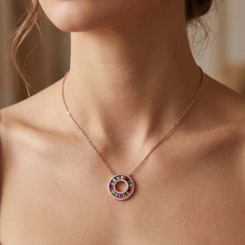 Rose Gold Rainbow Baguette Circle Pendant Necklace – Multi-Color Halo Medallion