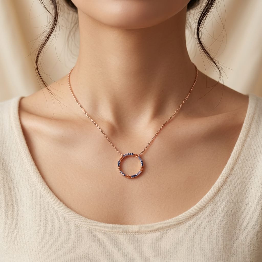Eternal Circle Necklace in Rose Gold with Blue and Amber Stone Accents
