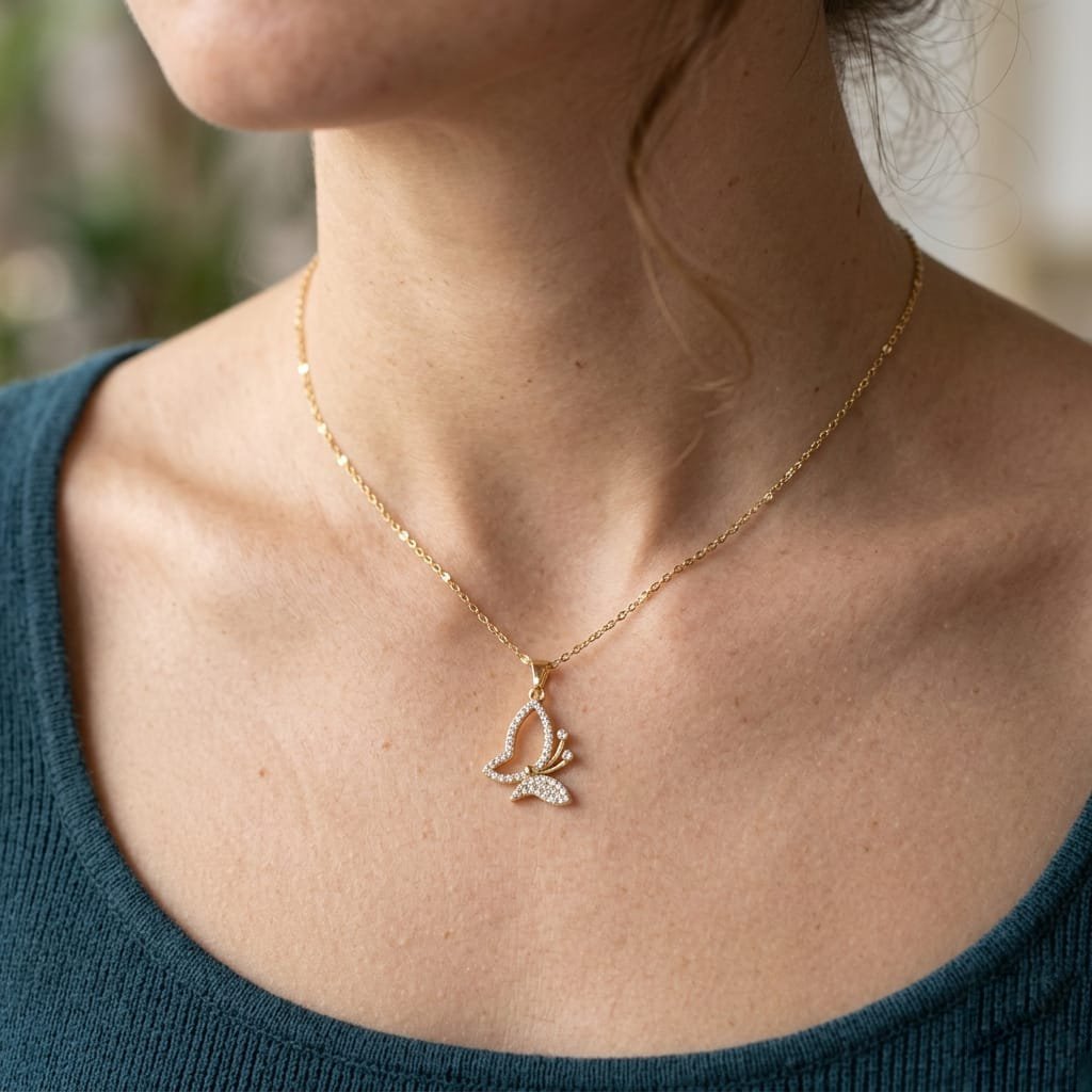 Elegant Butterfly Pendant Necklace – Gold-Plated with Sparking Zirconia Crystals