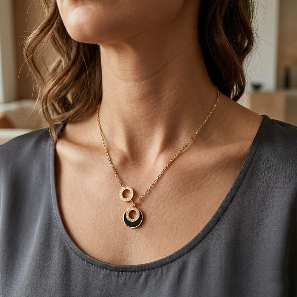 Double Interlocking Circle Necklace – Gold Plated with Black Enamel Inlay