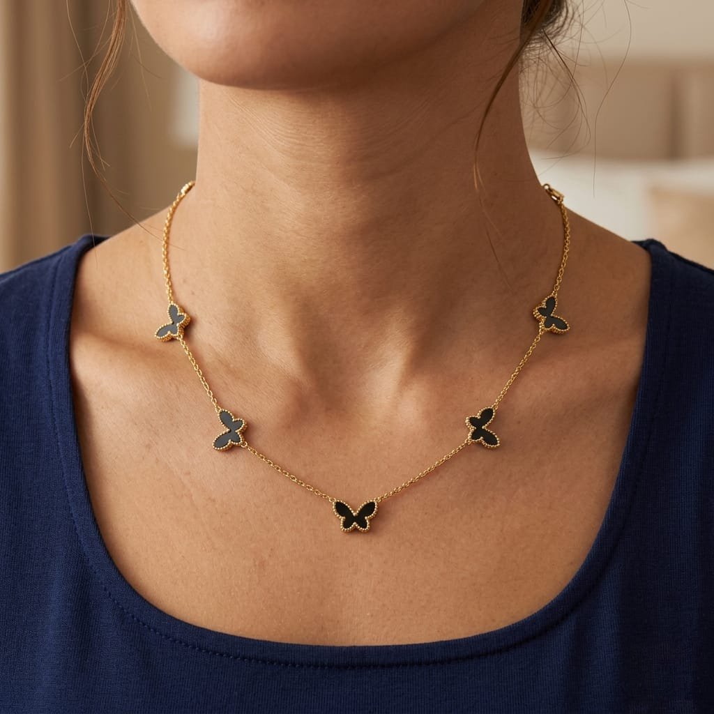 18K Gold Plated Black Onyx Butterfly Station Necklace