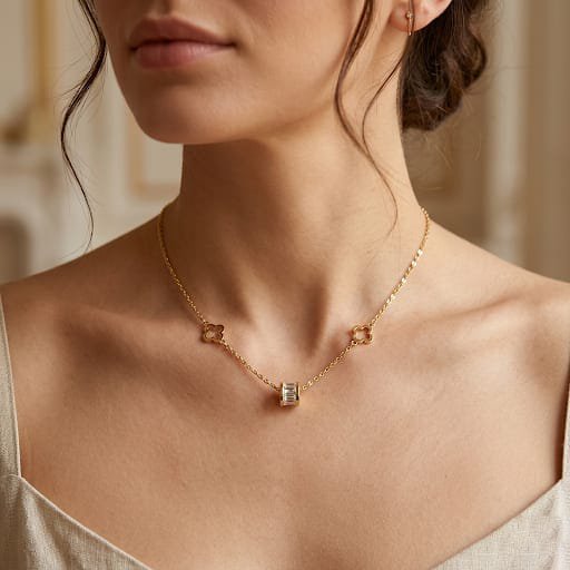 18K Gold Plated Clover & Crystal Barrel Pendant Necklace