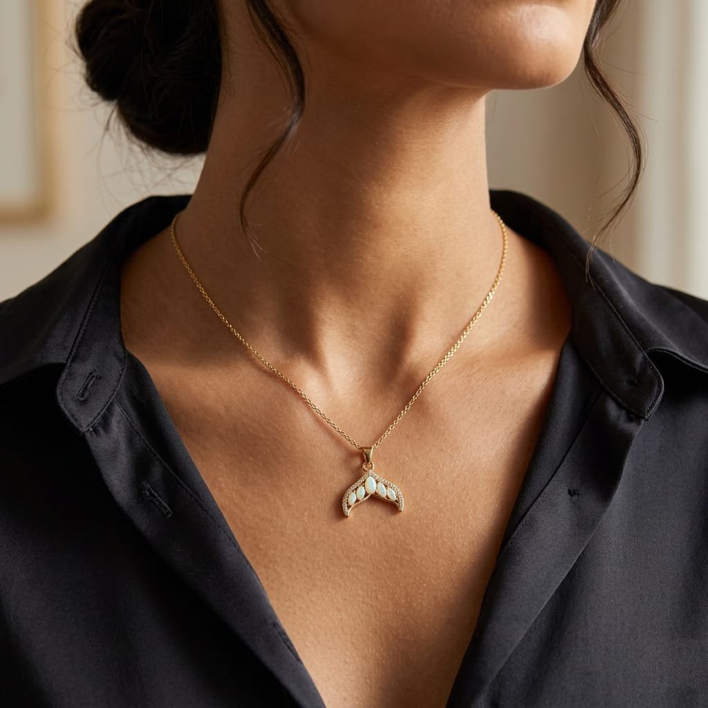Gold-Plated Mermaid Tail Pendant Necklace with Opal & Pavé Crystals