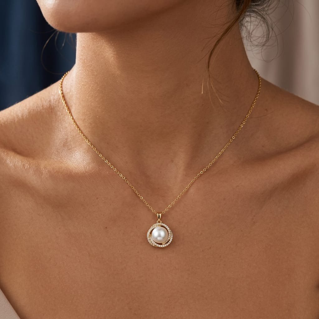 Elegant 18K Gold Plated Freshwater Pearl Pendant Necklace with Sparkling Zirconia Halo for Women