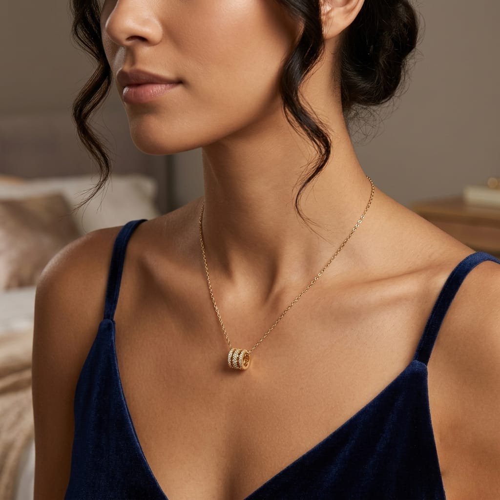 18K Gold Plated Triple Band Pavé Diamond Cylinder Pendant Necklace