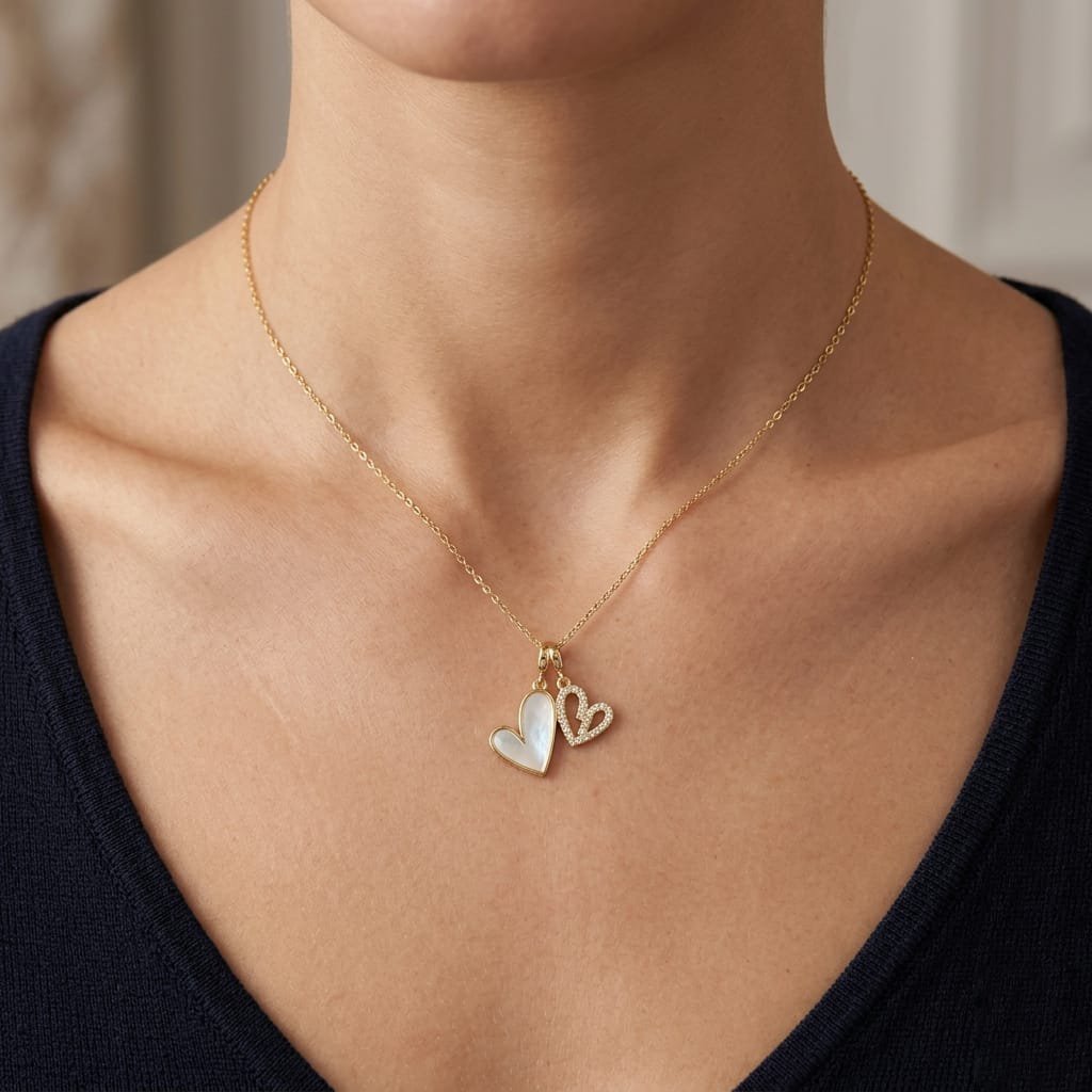 18K Gold Plated Double Heart Pendant Necklace with Mother of Pearl and Cubic Zirconia